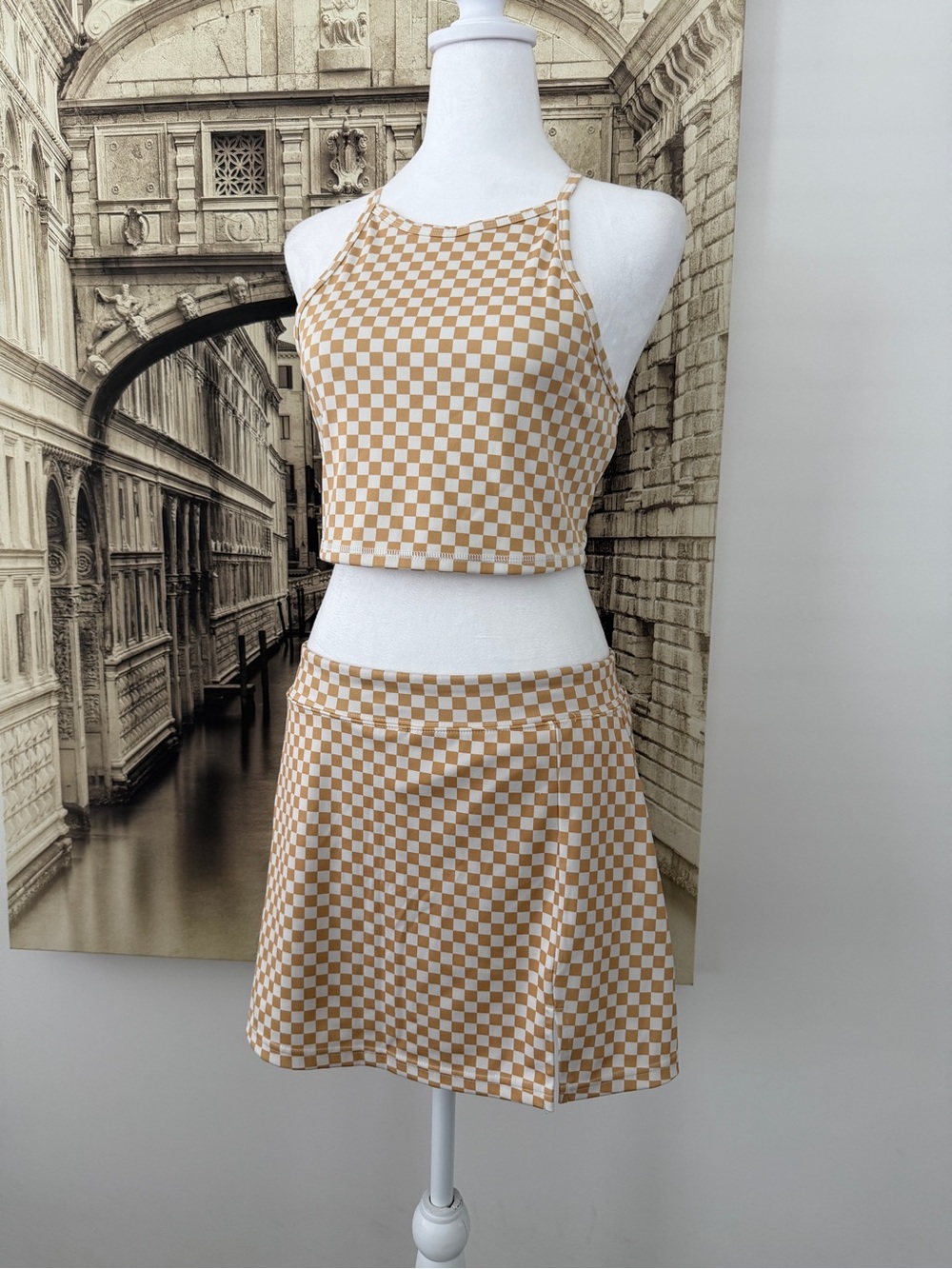 Like New Checkerboard Halter Crop Top & Skirt Set - Beige - Picture 4 of 16